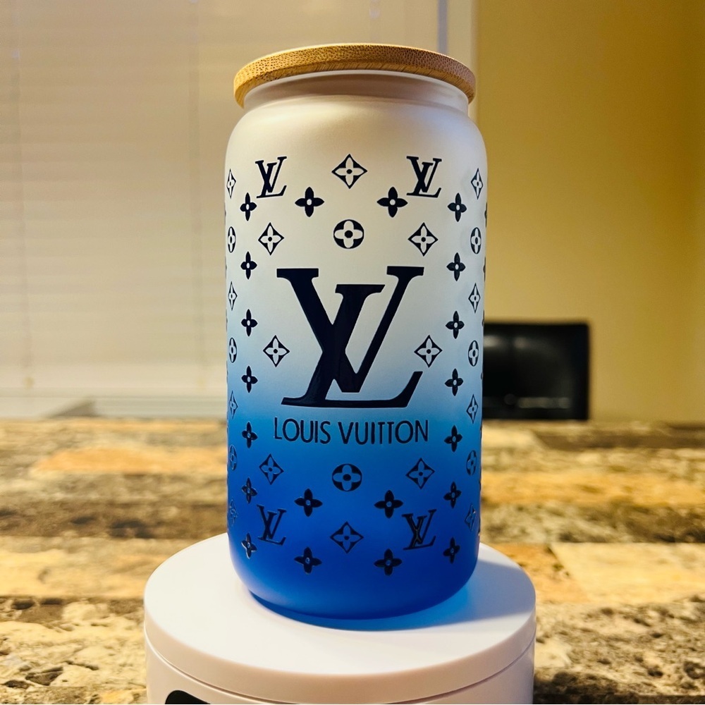 Blue Ombre Monogram 16 oz Glass Tumber